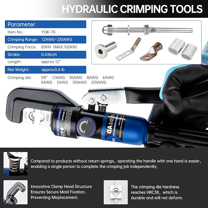 Hydraulic Crimping Tool and Cable Cutter Hydraulic Cable Lug Crimper 8 US TON 12 AWG to 00 (2/0) Electrical Terminal Cable Wire Tool Kit with 9 Die