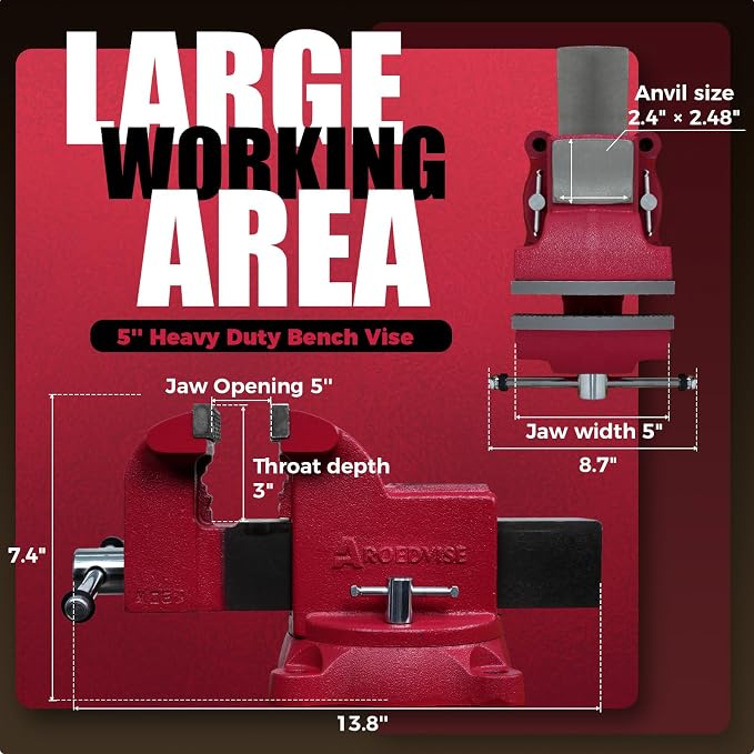 5" Heavy-Duty Bench Vise, 5" Jaw Width & Opening, 7,718 lbs Clamping Force, 60,000 PSI Ductile Iron Vise with 360° Swivel Base, Anvil & Pipe Jaws for Metalworking, Woodworking & DIY (RS50)