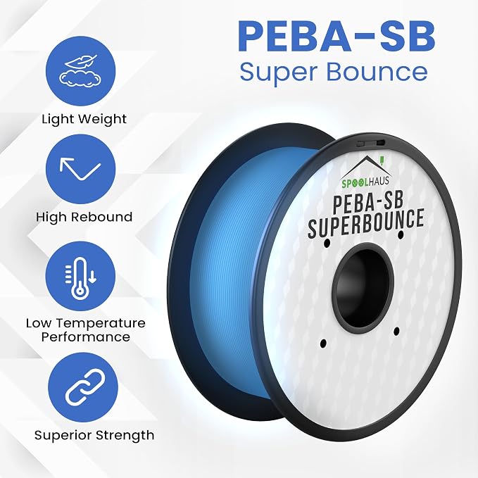 PEBA Filament High Rebound Flexible Filament Super TPU Nylon Based Strength 1.75mm 78% Energy Return Bouncy Airless Basketball Lightweight 3D Printer Filament SpoolHaus Superbounce (Glow Blue, 1kg)