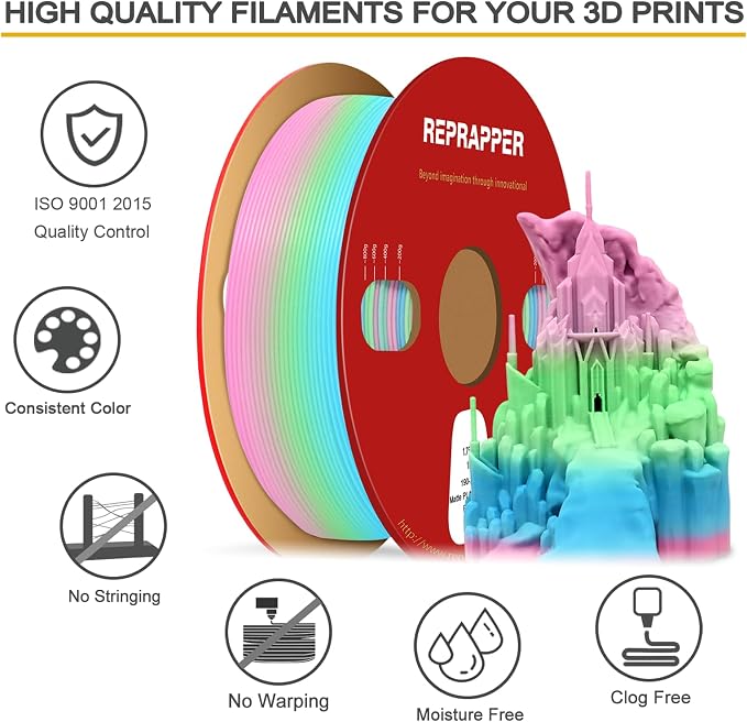 RepRapper Rainbow PLA Filament, Multicolor PLA 1.75 mm Filament, (+-0.03 mm), Fast Change 1 kg PLA Filament 1.75 mm, Multi-Color 3D Printing Materials for 3D Printer, Matte Rainbow