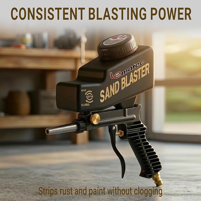 LE LEMATEC Portable Sand Blaster Gun Kit, Pneumatic Tool for Rust Removal | Glass etching, paint stripping, surface prep, deburring, steel nozzle, gravity feed, 90 PSI, model AS118