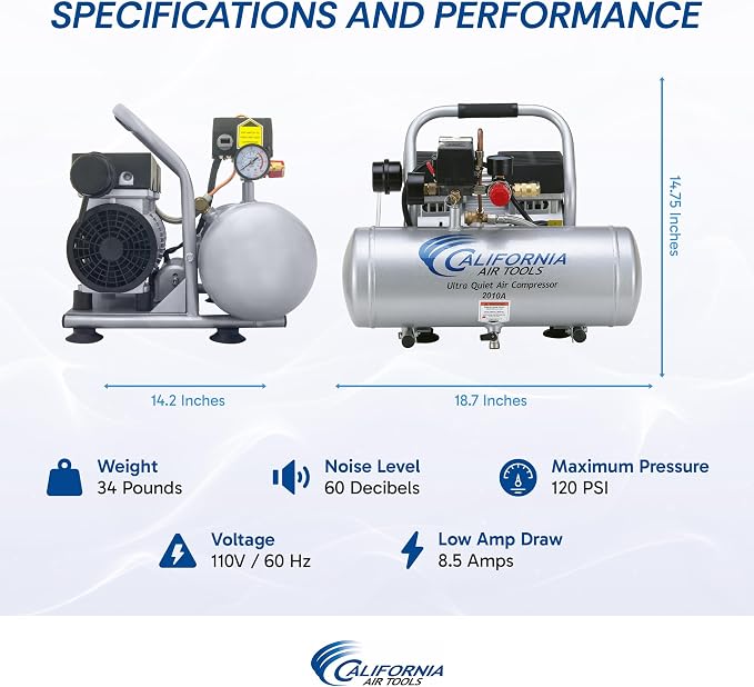 California Air Tools 2010A 1.0 HP Ultra Quiet and Oil-Free Air Compressor, 2 Gallon Aluminum Tank, 60 dBA Noise Level, Silver | 1.0 HP, Ultra Quiet and Oil-Free, 2 Gallon Aluminum Tank, 60 dBA Noise Level