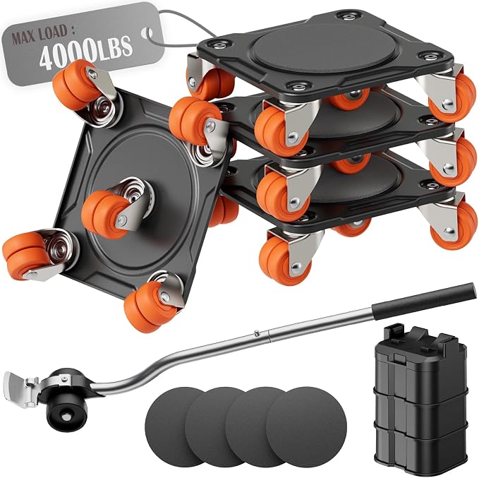 Heavy Duty Furniture Movers with 10 Wheels, Dual-Wheel Caster Square Dollies with Furniture Lifter and Base, 360° Swivel Casters, Non-Slip Pads, Up to 4000 lbs Load Capacity