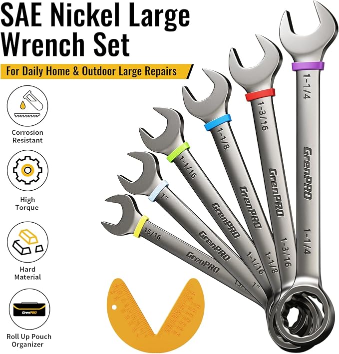 GRENPRO 15/16"-1-1/4" Large SAE Wrench Set, Combination Open End Wrench Set | Color Rings, Roll Up Pouch, Nickel Rust-Proof Coating, CRV Steel, Free Gauge for Quick Size Matching