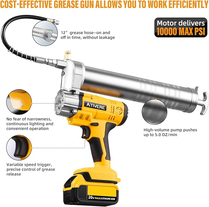 Lithium Battery Grease Gun Cordless for DeWalt 20V Max Battery (NO Battery) Yellow with 12” Spring Flex Hose, 10000 PSI High Pressure Quick Release Grease