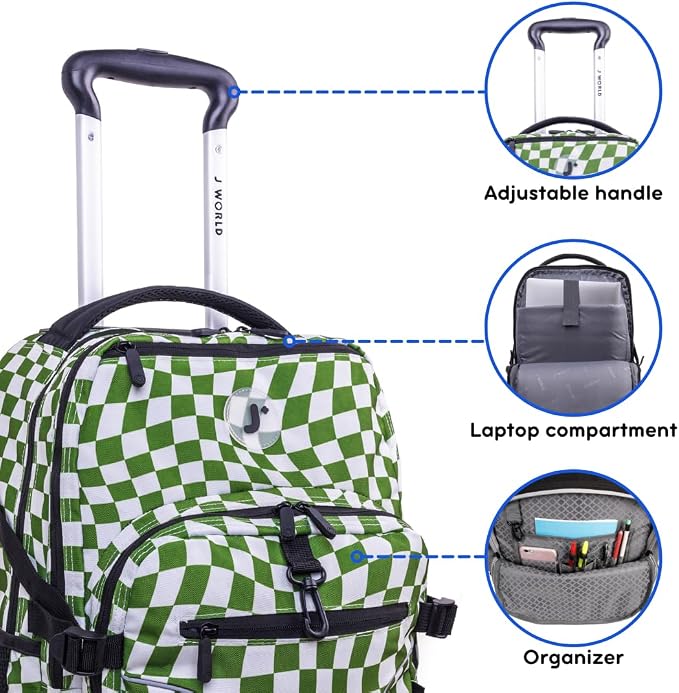 J World Lunar Rolling Backpack. Laptop Bag With Wheels. Wheeled Carry-On Travel Luggage, Matcha Checkers, 19.5 x 13 x 8 Inches