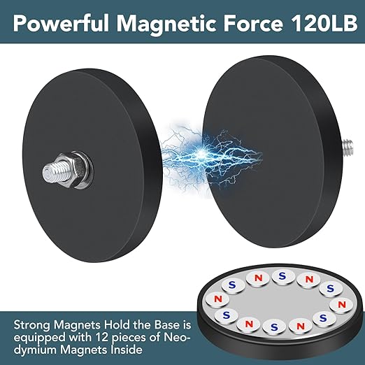 DIYMAG Rubber Coated Magnets 12 Pcs Adhesive Power 120LBS Anti-Scratch Neodymium Magnet Base with M8 Threaded Studs and Nuts, Black Strong Magnets Hold for Light Bar, Mirror, Camera, PTZ