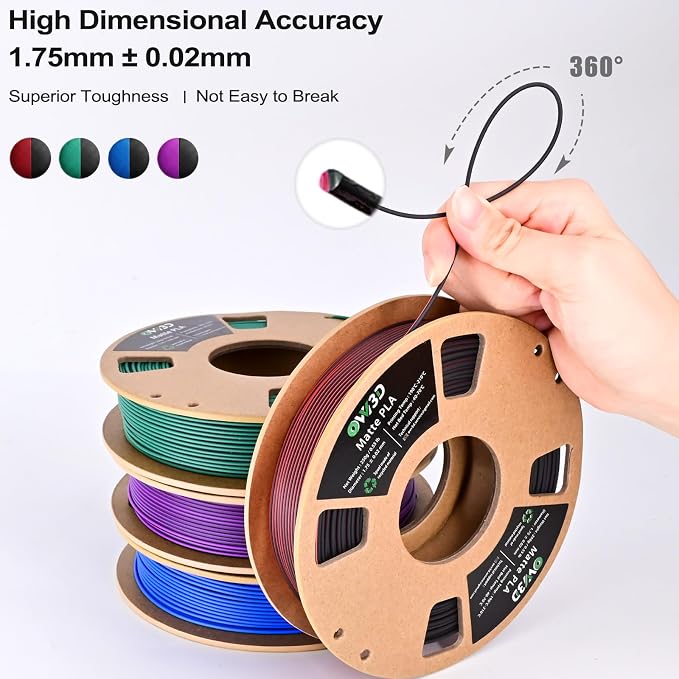 OVV3D Matte PLA 3D Printer Filament Bundle 250g x 4 Spools, Dual Color Filament 1.75mm Pack, Multi Color Change 3D Printing Filament, High Quality Matte Surface, Black - Red, Blue, Green, Purple