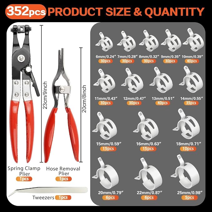 352Pcs Spring Band Hose Clamp Assortment Kit, 6-25mm 15 Sizes Grey for Fuel Line, Silicone Hose, Automotive & DIY with Swivel Jaw Plier,Hose Removal Plier and Tweezers