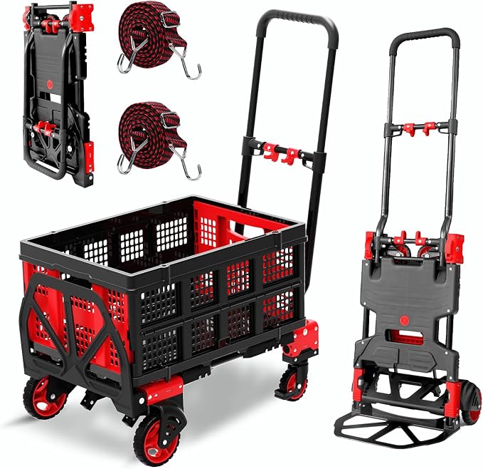 2-in-1 Hand Truck Dolly with Folding Basket, 330LB Heavy Duty Carrying Portable Handtruck, Foldable Hand Dolly with 360° Swivel Wheels&Retractable Handle for Moving, Luggage, Shopping, Office