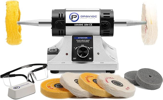 Jewelry Polisher - Adjustable Variable Speed Bench Grinder Polishing & Buffing Machine, Dental Buffer & Lathe - Includes 6 Cloth Wheels, 2 Abrasive Fiber Wheels, Safety Glass, Polish Compound