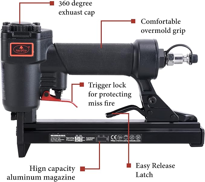 AEROPRO Tools T50J 20 Gauge Wide Crown Air Stapler Pneumatic Staple Gun, 1/4-Inch to 9/16-Inch Upholstery Stapler for Upholstering, Woodworking and DIY Projects