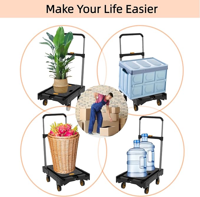 Platform Truck Folding Hand Truck 300 LB Heavy Duty Utility Dolly Flatbed Luggage Push Cart Fully Folded Compact Cart, Portable Trolley with 1 Elastic Ropes, Easy Storage & Lightweight for Moving