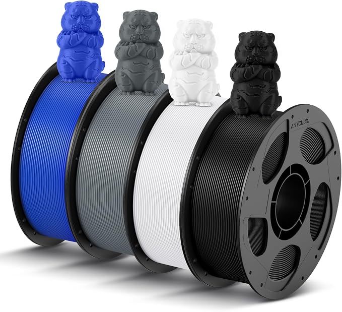 ANYCUBIC PLA 3D Printer Filament Bundle 4KG, 3D Printing PLA Filament 1.75mm Dimensional Accuracy +/- 0.02mm, 4 Pack 1KG Reusable Spool(2.2 lbs) Texture Grey, Black, White, Blue