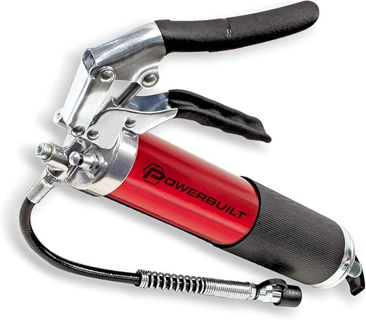 Powerbuilt 4,500 PSI Heavy Duty Pistol Grip Grease Gun, Anodized Aluminum Barrel with Rubber Grip, Includes Flex Hose, Rigid Pipe & Coupler – 940798