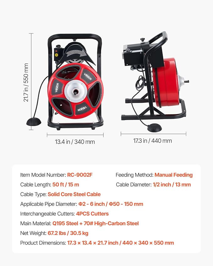 VEVOR Drain Cleaner Machine 50 FT x 1/2 Inch, Manual Feed Sewer Snake Auger with 4 Cutters & Air-Activated Foot Switch for 2" to 6" Pipes
