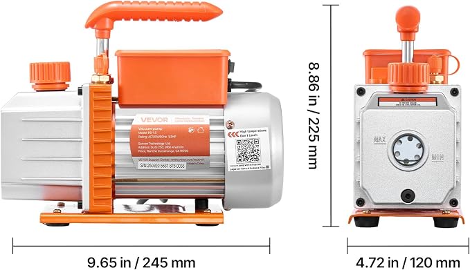 VEVOR AC Vacuum Pump and Gauge Set, 4.5 CFM 1/3 HP, Single Stage Rotary Vane HVAC Vacuum Pump, A/C Manifold Gauge Kit, for R134a R22 R410a R1234YF R32, with Carry Bag, for Auto HVAC Air Conditioning
