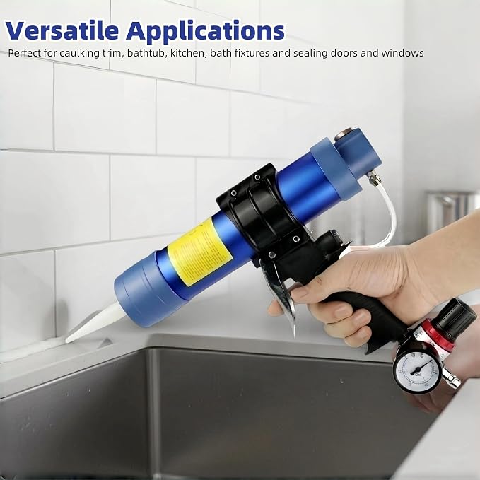 Pneumatic Caulking Gun, 310ml Dripless Sausage Silicone Caulking Gun, Air Powered Glass Glue Sealant Gun Applicator Tool, with Pressure Gauge & Regulator, for Filling and Sealing