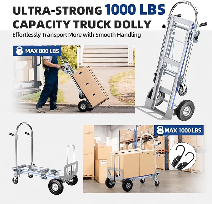 3 in 1 Convertible Aluminum Hand Truck Dolly, 1000 lb, Pneumatic Wheels | Heavy-Duty Frame, Upright, Tilted and Platform Modes for Appliances and Boxes, Compact Storage, Rolls on Uneven Ground