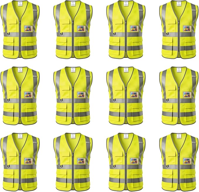 12 Pack Hi Vis Reflective Safety Vest Multi Pockets & Zipper Class2 | Construction Work Vest for Men and Women,Warehouse Crews,Road Workers,Volunteers,Security,Baggage Handling,Survey,Airport