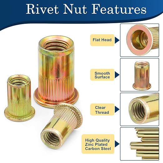 1/2''-13 UNC Rivet Nut, 19Pcs Zinc Plated Finish Carbon Steel Flat Head Threaded Insert Nutsert Kit