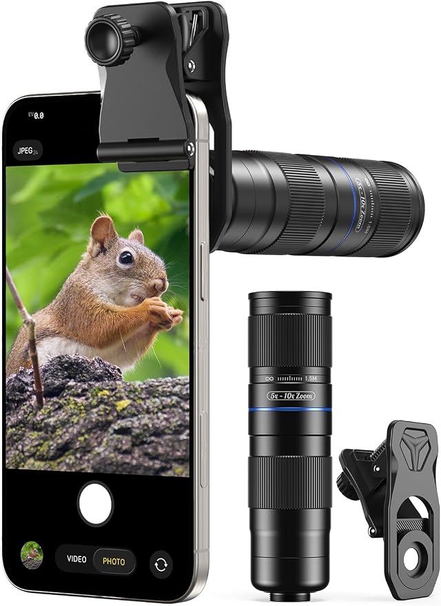 MIAO LAB 5-10X TeleZoom Lens for Smartphones – Aerospace Aluminum Build with Universal Clip for iPhone 17/16/15/14/13 Series (Excluding Air), Samsung, Google, Android – Travel Zoom Kit