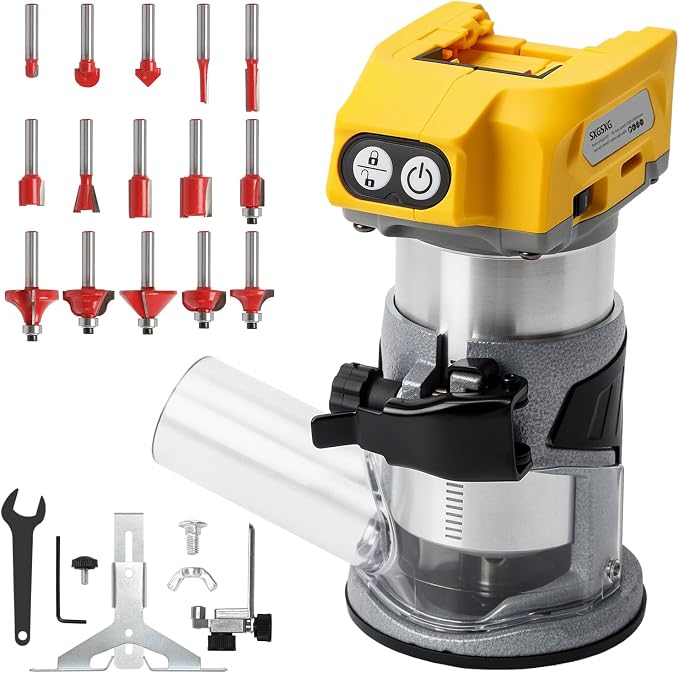 Wood Router with DeWalt 20V Battery,Router Tool for 800W 30000 RPM，5 Variable Speeds Fixed Base Cordless Router,15PCS 1/4" Router Bits【Battery Not Included】