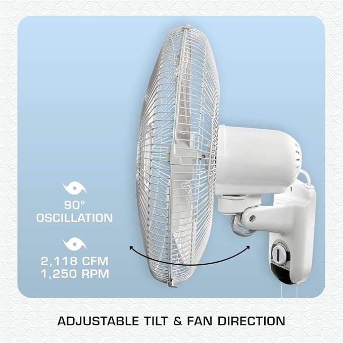 Hurricane 2-Pack 16" Classic Oscillating Wall Mounted Fan with 3 Quiet Speeds, White - Indoor Air Cooling Unit with Hanging Pull Cords for Home Garage, Office, Shed, and Grow Tents