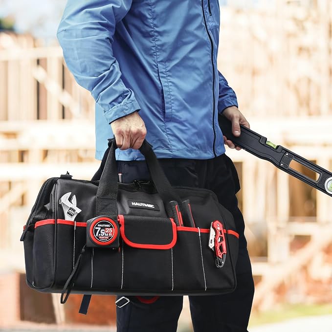 HAUTMEC 3-Piece Large Tool Bag Set (12” / 18” / 24”), Heavy-Duty 1680D Wide Mouth Tool Bag with Metal Frame, Foldable Tool Tote Bag with Non-Slip Base, Double Zippers & Padded Shoulder Strap – HT0297