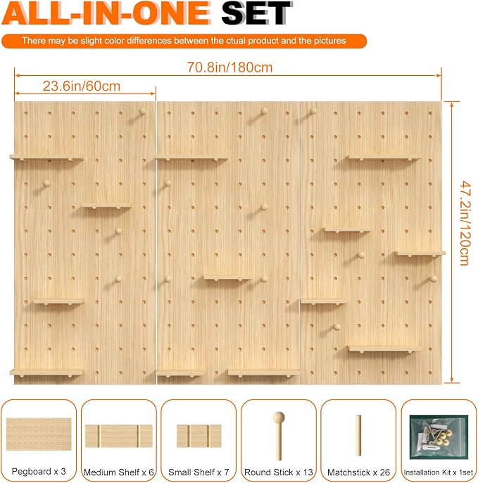 AMSXNOO Wood Pegboard Wall Organizer Panel, Wooden Pegboard Combination Wall Organizer Kit, Peg Board Panel Kits for Office Bedroom Livingroom Studyroom (Wooden Color, 47.2X70.9IN/120X180CM)