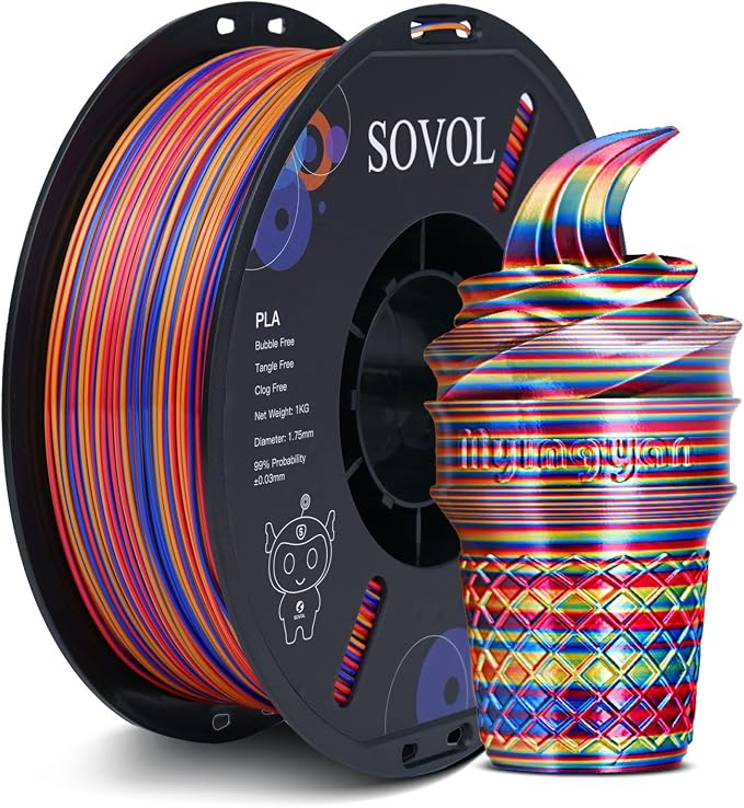 Sovol Silk PLA Filament Rotated Tri Color Co-Extrusion 1.75mm, Fast Change 3D Printer Filament 1kg/ 2.2lbs, Red Gold Blue 3 in 1 Coextrusion PLA Material +/-0.03mm