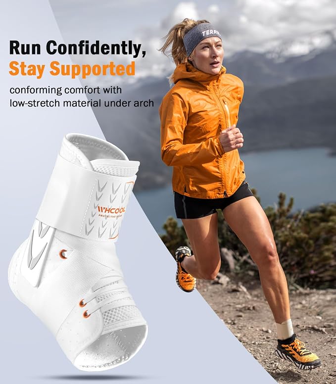 Slim-Fit Ankle Brace for Sprained Ankle, Quick Lace Up Ankle Support for Women Men with 2 Auto-Shaped Pads, Air Fabric Cool Ankle Stabilizer for Injury Recover, Running,Sports,White,XS
