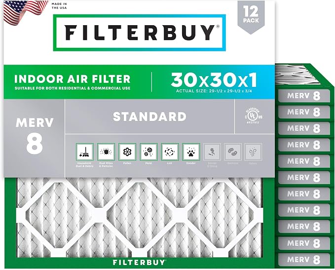 Filterbuy 30x30x1 Air Filter MERV 8 Essential Dust & Allergy Defense (12-Pack), Electrostatic Pleated HVAC AC Furnace Filters Replacement, Made in USA (Actual Size: 29.50 x 29.50 x 0.75)