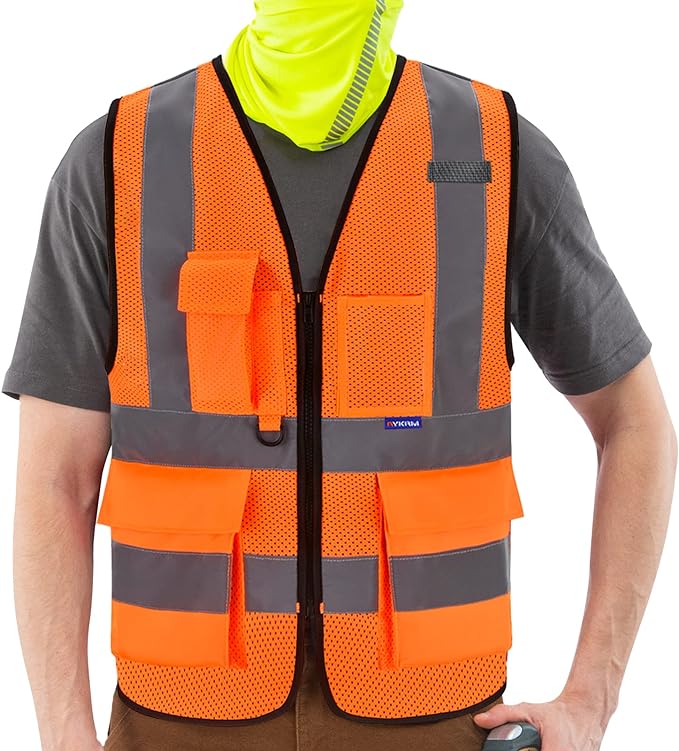 A-SAFETY ANSI/ISEA Standard Class 2 Hi-Vis Vest, Unisex, Zipper, Orange, M | Orange M Class 2 breathable mesh vest with 7 pockets, reinforced zipper pockets and black front zipper for utility work.