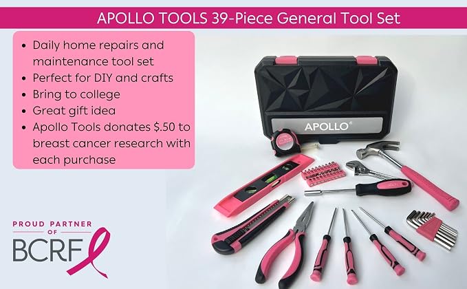 Apollo Tools 39 Piece General Household Tool Set in Toolbox Storage Case with Essential Hand Tools for Everyday Home Repairs, DIY and Crafts - Pink Ribbon - DT9711P