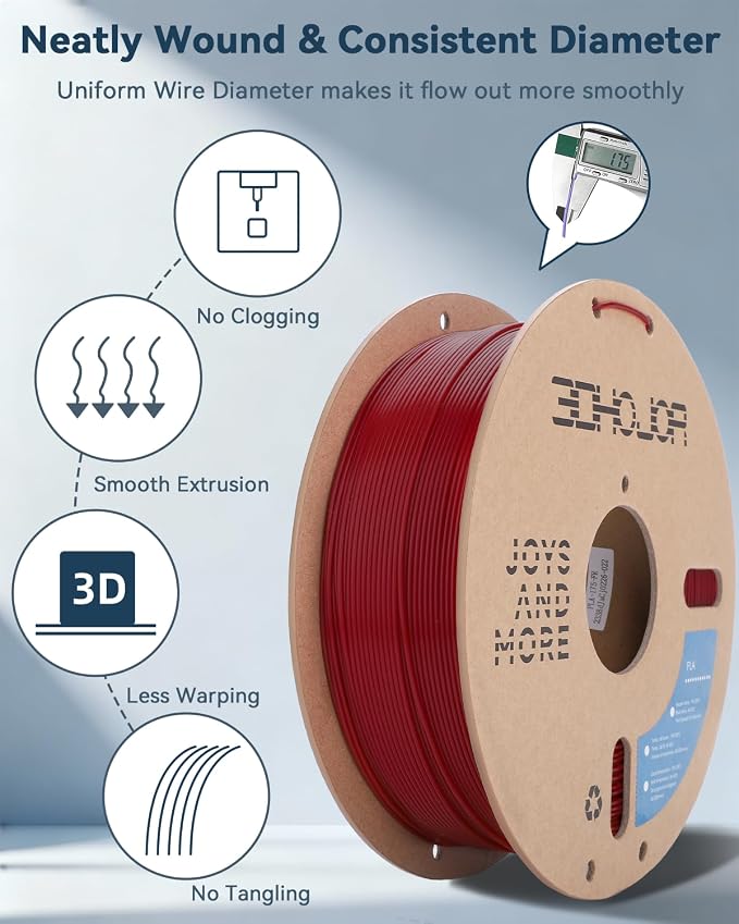 3DHoJor PLA Filament 1.75mm,3D Printer Filament,1kg Cardboard Spool (2.2lbs),Dimensional Accuracy +/- 0.03 mm,Odor Free Clog Free No Brittle, Fit Most 3D FDM Printer,Fire Engine Red