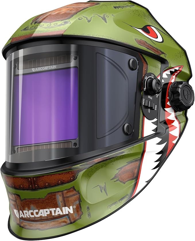 ARCCAPTAIN Large Viewing Screen 3.93"X3.66" Welding Helmet, True Color 1/1/1/1 Solar Power Auto Darkening Welding Hood with 4 Arc Sensor, Wide Shade 4/5-9/9-13 for TIG MIG ARC, Shark