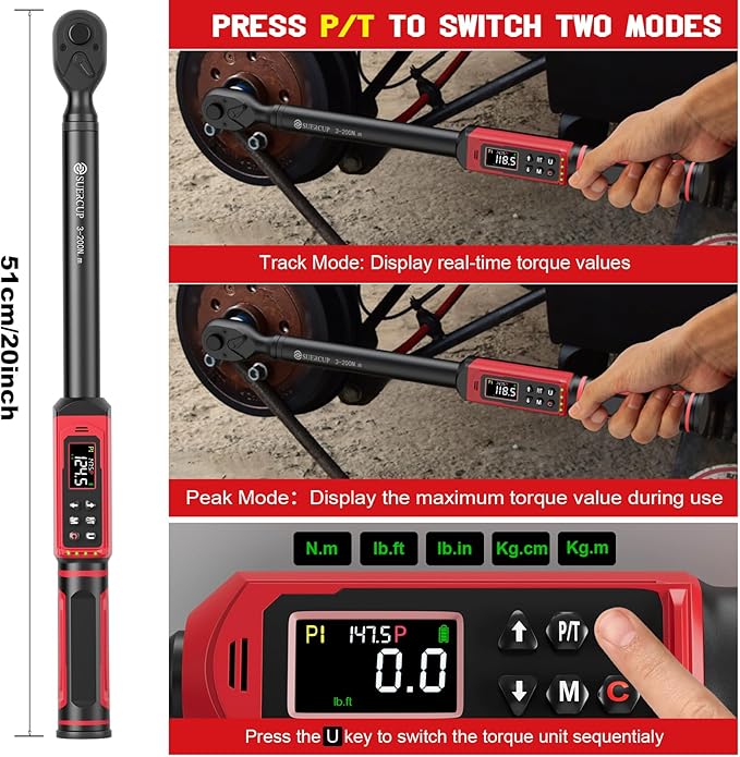 SUERCUP 1/2" Digital Torque Wrench, 2.2-147.5Ft.Lb/3-200N.m, ±1% Accuracy | Electronic Torque Wrench, Vibration, Buzzer, LED Flash,9 Presets & 5 Units for Engine/Suspension, Lug Nut, Car & Moto Repair