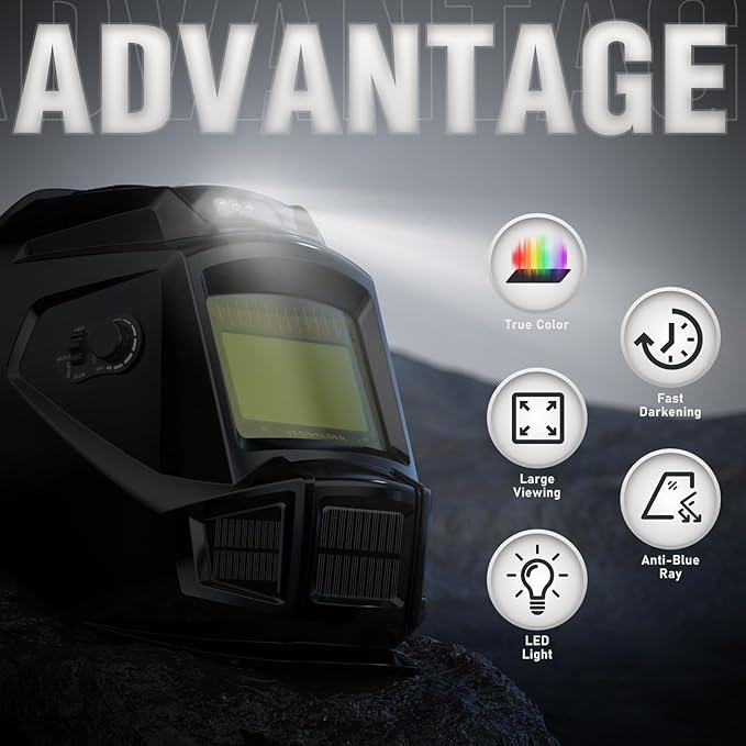 YESWELDER Auto Darkening Welding Helmet with Fan and Light, Blue Light Blocking, 1/1/1/1 True Color Solar Powered Welder Mask with 4 Arc Sensor, Wide Shade 4/5-9/9-13 for TIG, MIG, ARC, Cut and Grind