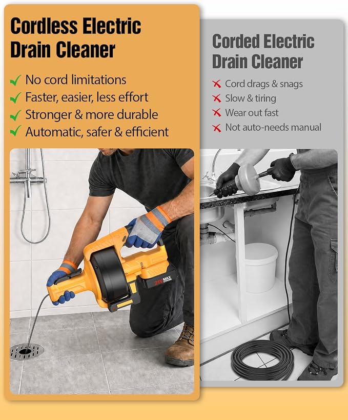 Ublue 21V Cordless Electric Drain Auger, 25Ft Auto Feed Drain Snake for Clog Remover with 2.0Ah Battery, Plumbing Snake for Sink Toilet Bathroom Shower Pipes 3/4"-2.95", Included Bag Gloves Rag