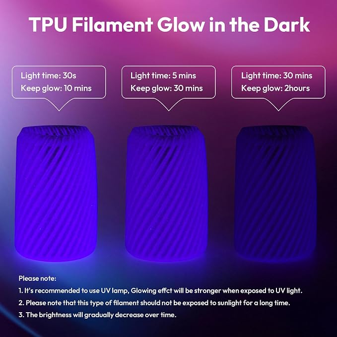 AMOLEN 95A TPU Glow in the Dark Filament Bundle, Red, Orange, Blue Purple, Green 1.75mm Soft Flexible TPU 3D Printer Filament, Best with UV Lamp, 200g x 4 Pack, Luminous Filament for Halloween