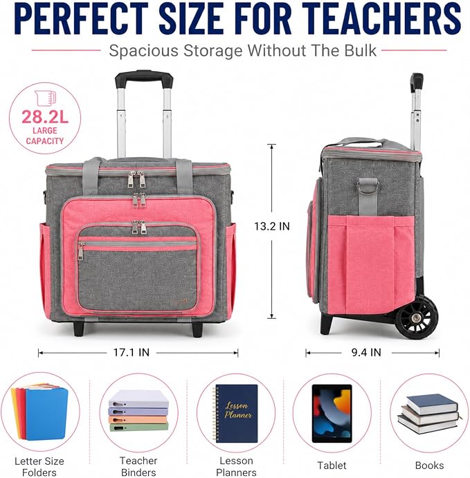 Upgraded Rolling Bag with Detachable Dolly, Heavy Duty Wheeled Teacher Bag, Multifunctional Rolling Briefcase for Work, Office, Craft Storage & Travel (Pink)