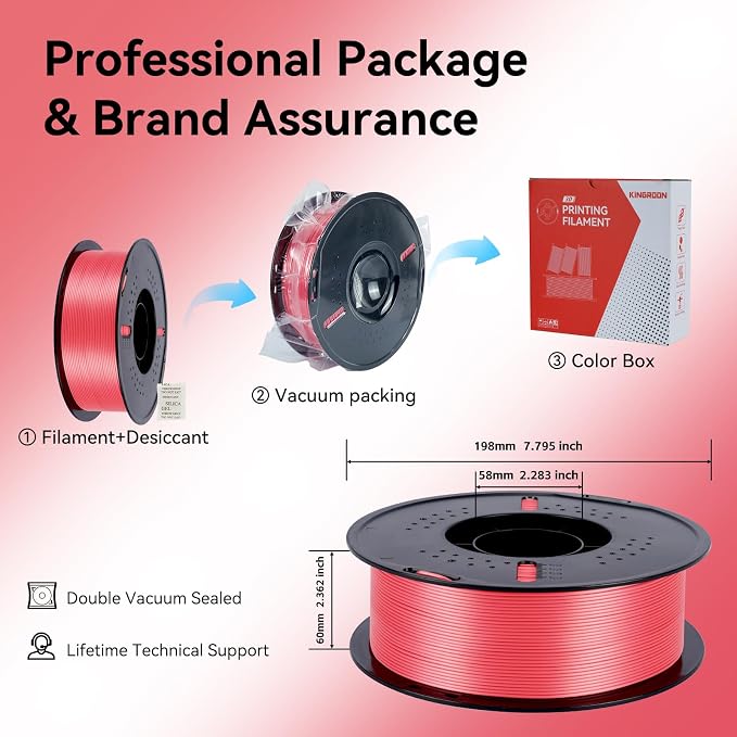 Kingroon Silk PLA 3D Printer Filament, Dimensional Accuracy +/- 0.03 mm, 1 kg Spool(2.2lbs), PLA Shiny Filament 1.75 mm (Red)