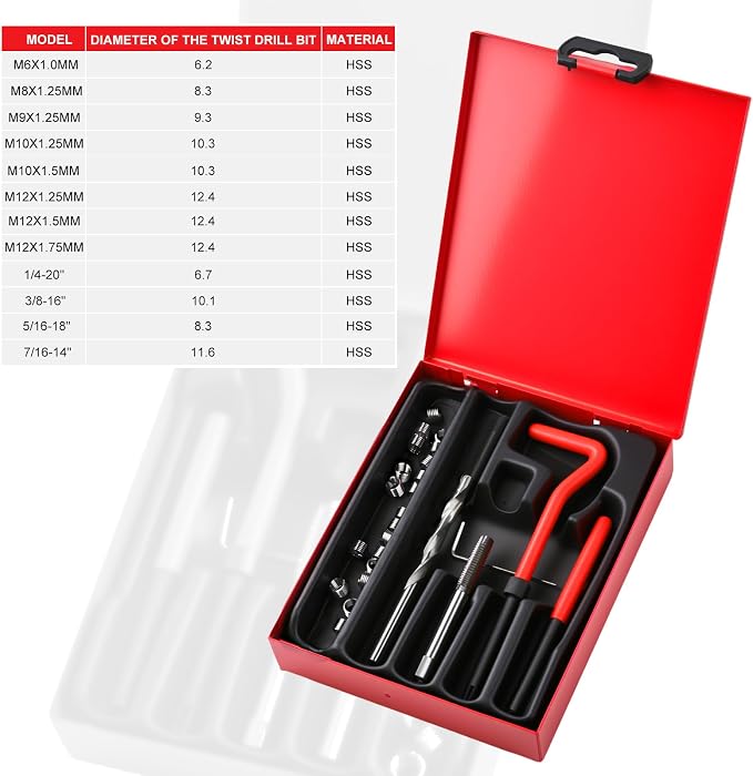 Helicoil Metric Thread Repair Insert Kit, M6X1.0mm Rethreading | Thread Repair kit with HSS Drill Bits, Rethreading Inserts Tool Set for Damaged Thread Repairing with Carry Case
