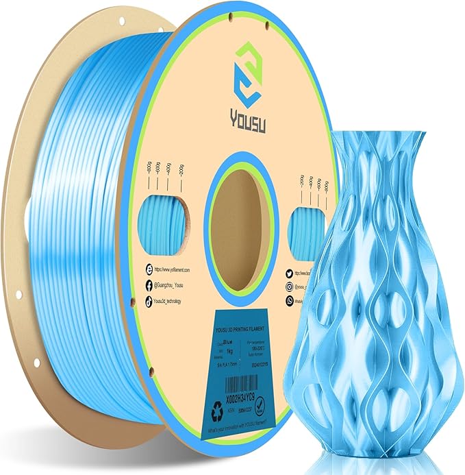 YOUSU Silk Blue PLA 3D Printer Filament 1.75 mm 1KG 2.2 LBS Spool 3D Printing Material Shine Silky Shiny Metallic Metal PLA Filament.