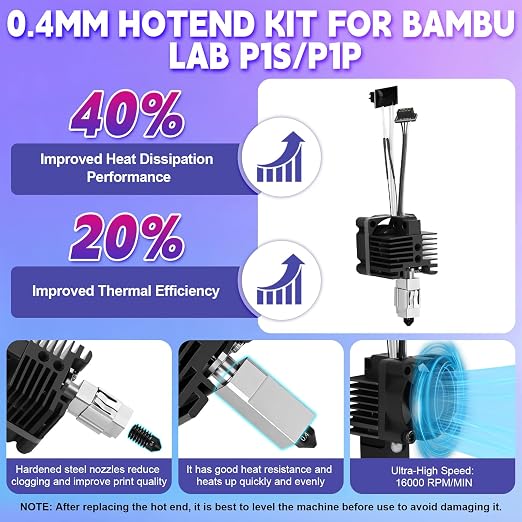 Hotend Kit for Bambu Lab P1S/P1P, 3D Printer Full Assembly Hot End with Fan, P1S Hardened Steel 0.2/0.4/0.6mm Nozzle High Speed & Temperature Extruder Heating Block Hot End for Bambu Lab P1 Series