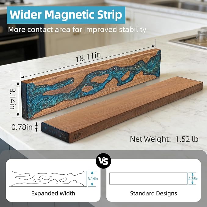 FINDKING Magnetic Knife Strip for Wall, Solid Acacia Wood with Mineral Blue Resin Inlay, Wall-Mounted Knife Holder with Strong Magnetic Hold, No-Drill Adhesive Mount (18 Inch)