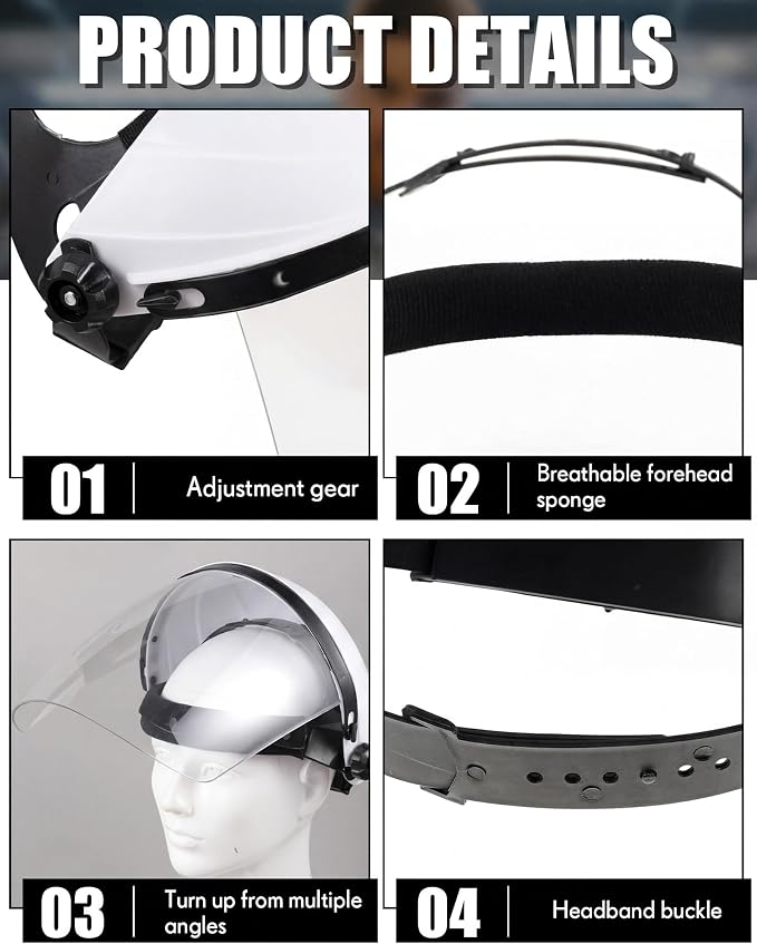 Tellegloww 4 Pcs Clear Safety Face Shield for Grinding & Cutting, Lightweight Full Impact Resistant with Adjustable Ratcheting Headgear Face Shield Mask for Work Chemical Woodworking Industrial, White