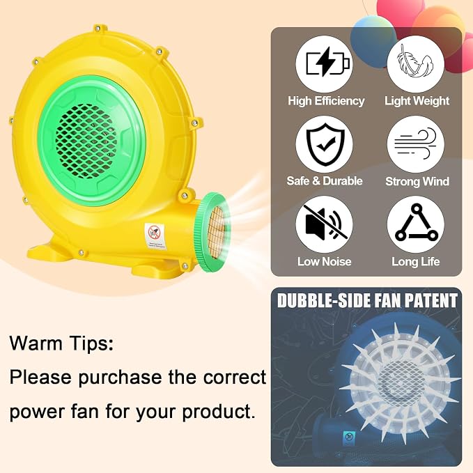 Bounce House Blower, 750W/1HP Commercial Air Blower with Double-Sided Fan Blade Design, Strong Wind and Great Heat Dissipation Properties for Bouncy Castle, Jump Slides, Arch, Inflatables