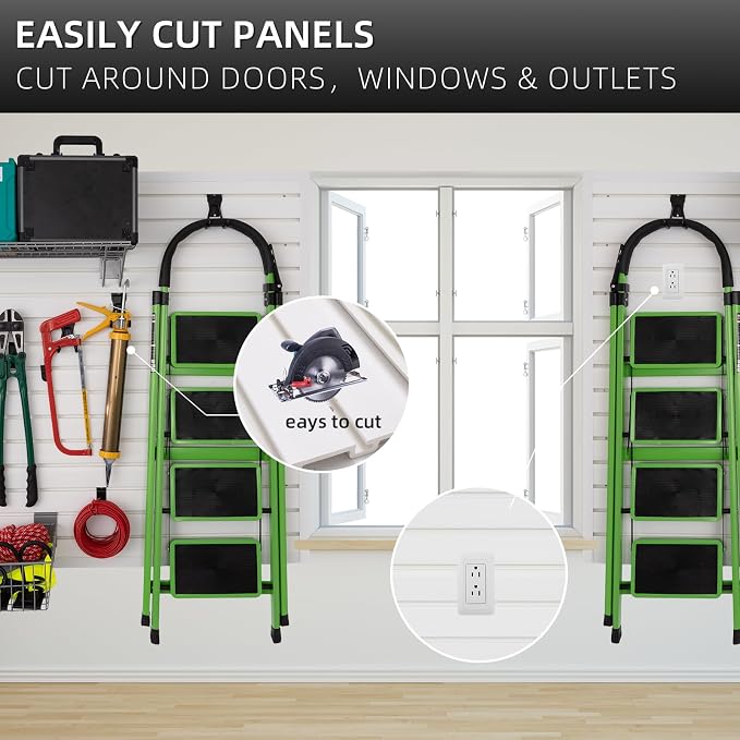 FRAYSCENT Slat Wall Paneling Garage Wall Organizer, Slatwall Panels Garage Tool Organizer Wall Mount Garage Slat Wall Storage Systems, Slat Board PVC Wall Panels Garage Storage (White, 4ftx4ft)